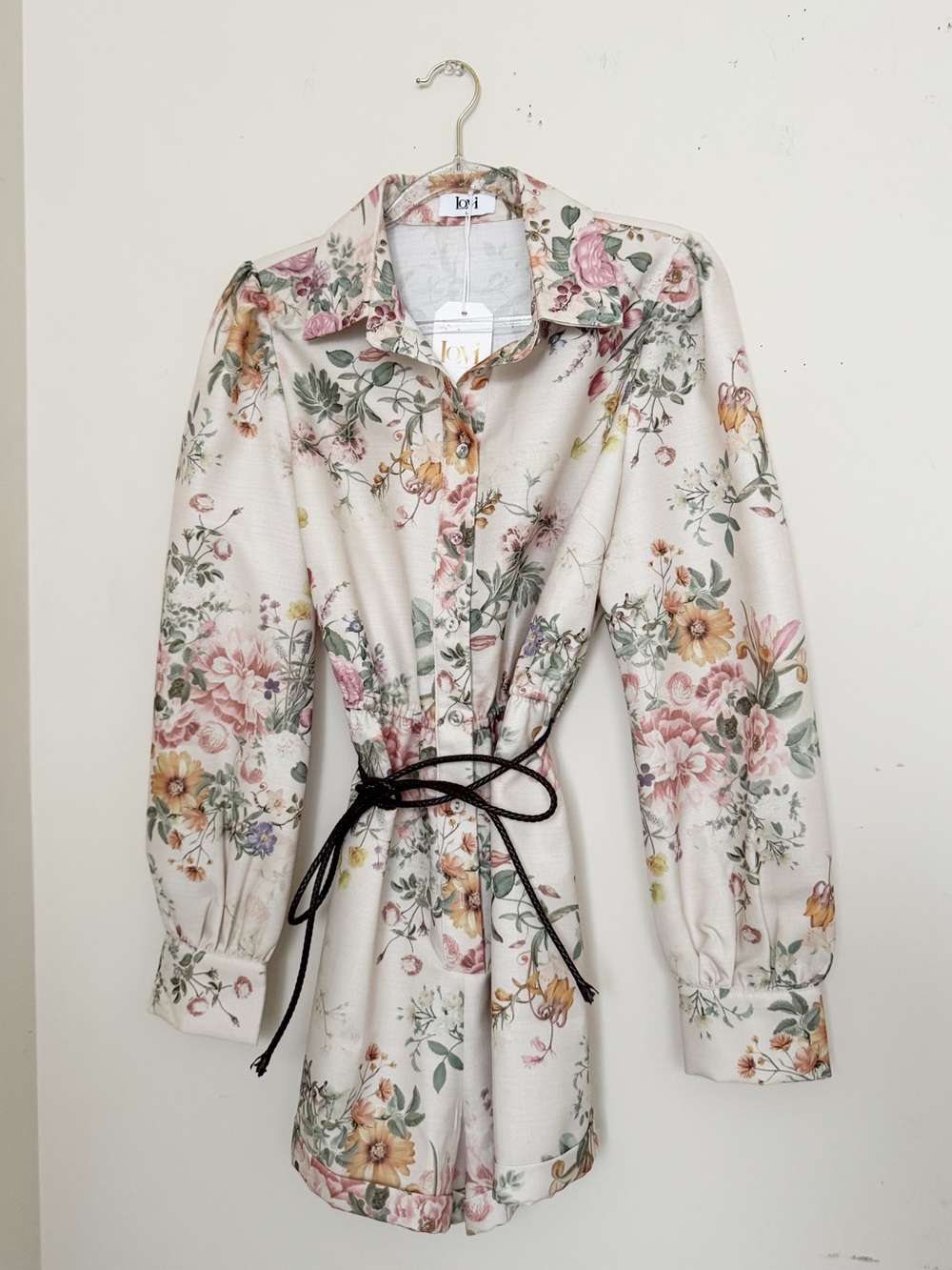 Floral Button-Up jumpsuit in Cream with Pink & Green Blooms